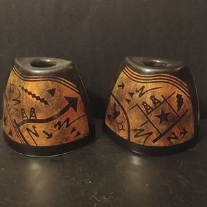 Set of 2 Stephen Fabrico Art Pottery Black gold Candleholders Geometric Symbols